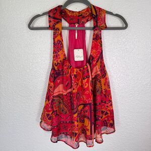 Free People Top Womens XS Floral Paisley Flowy Summer Blouse Tank Boho Chiffon